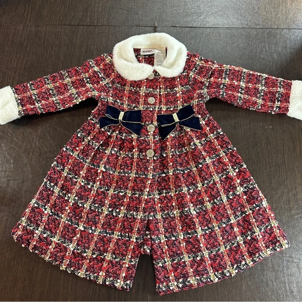 Blueberi Boulevard Red Plaid Dress Coat with Bows Sz 5